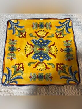 Beautiful Yellow Talavera Handpainted Square Ceramic Plate 9"